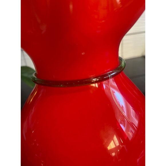 Beautiful Vintage Murano 9" Red Cased Art Glass Vase Applied Yellow Rose Flower - Picture 6 of 9